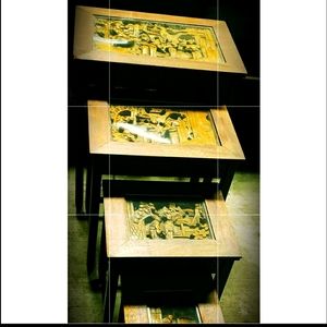 STUNNING SET OF 4 CHINESE HAND CARVED WOODEN NESTING TABLES WITH GLASS TOPS